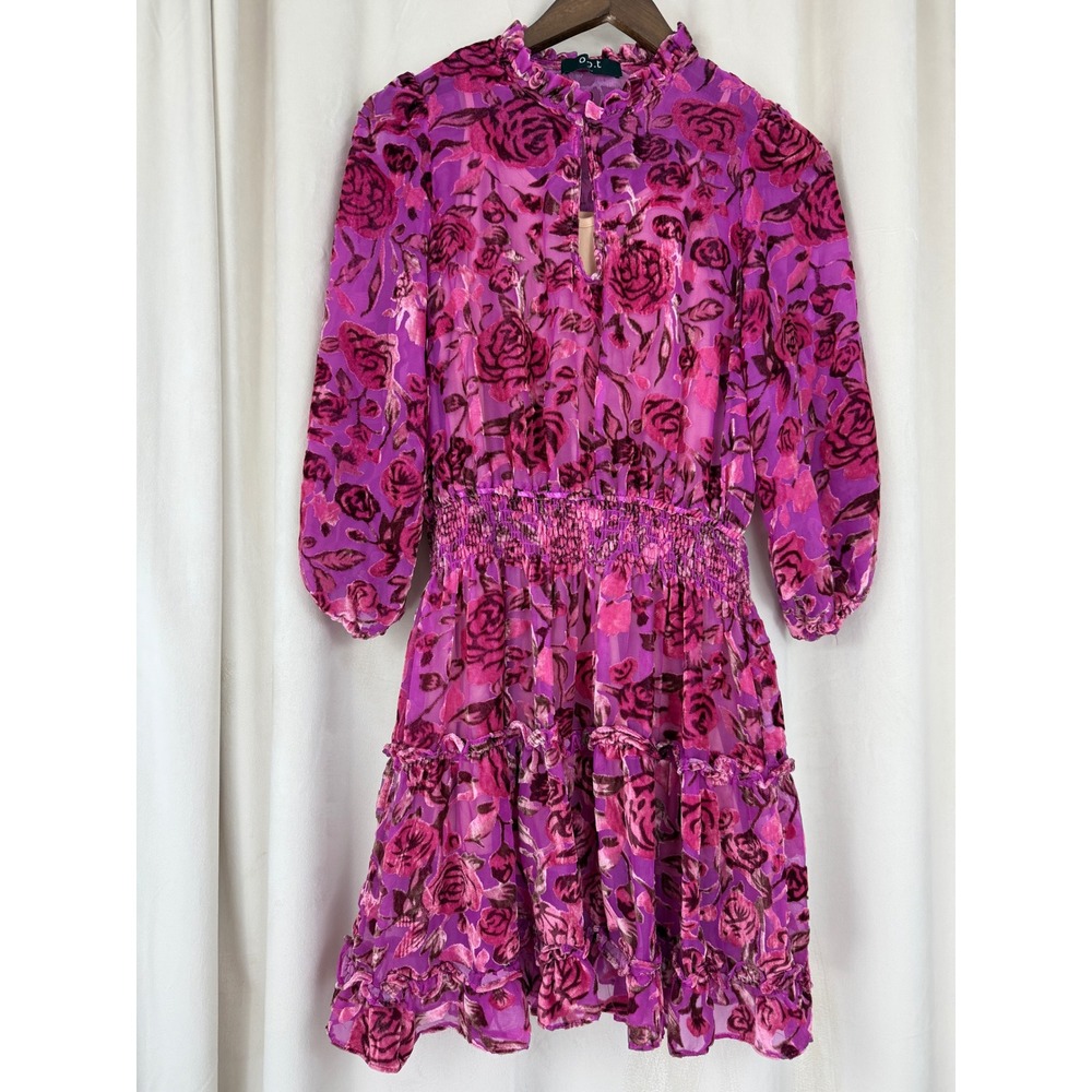 Anthropologie O.P.T. Fuchsia Velvet Burnout Puff Sleeveโ Mini Dress โ Size L
